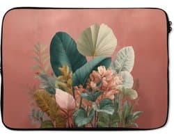 Laptophoes 13 inch - Tropische bladeren - Bloemen - Roze - groen - Laptop sleeve - Binnenmaat 32x22,5 cm - Zwarte achterkant