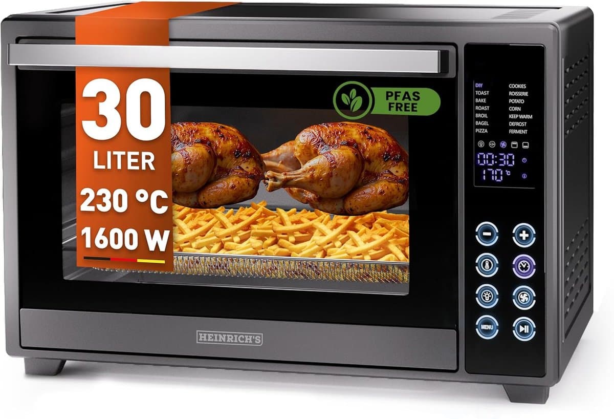 Heinrich´s HMO 8402 Mini-oven met hete lucht - 30L – met touch-bediening - kleine oven met draaispit, airfryer-inzetstuk – binnenverlichting - 1600W — afbeelding 1