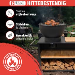 HEAT Buitenkeuken Trolley Zwart – Vuurschaal 60 cm - Mobiele BBQ & Plancha met Snijplank – 117x46x106 cm — thumbnail 5