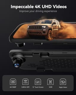 WOLFBOX Spiegel Dashcam Achteruitrijcamera, 12" IPS Volledig Touchscreen, 2160P HD Dual Lens Slimme Achteruitkijkspiegel voor Auto’s en Vrachtwagens, HDR Stream Media met Nachtzicht, Inclusief Gratis 32GB TF-kaart — thumbnail 3