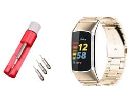 Strap-it Stalen Smartwatch band + Toolkit - Geschikt voor Fitbit Charge 5 / Fitbit Charge 6 stalen band - champagne - Horlogeband / Polsband / Armband - RVS armband - Stalen schakel band