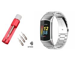 Stalen Smartwatch band + Toolkit - Geschikt voor Fitbit Charge 5 / Fitbit Charge 6 stalen band - zilver - Strap-it Horlogeband / Polsband / Armband - RVS amrband - Stalen schakelarmband
