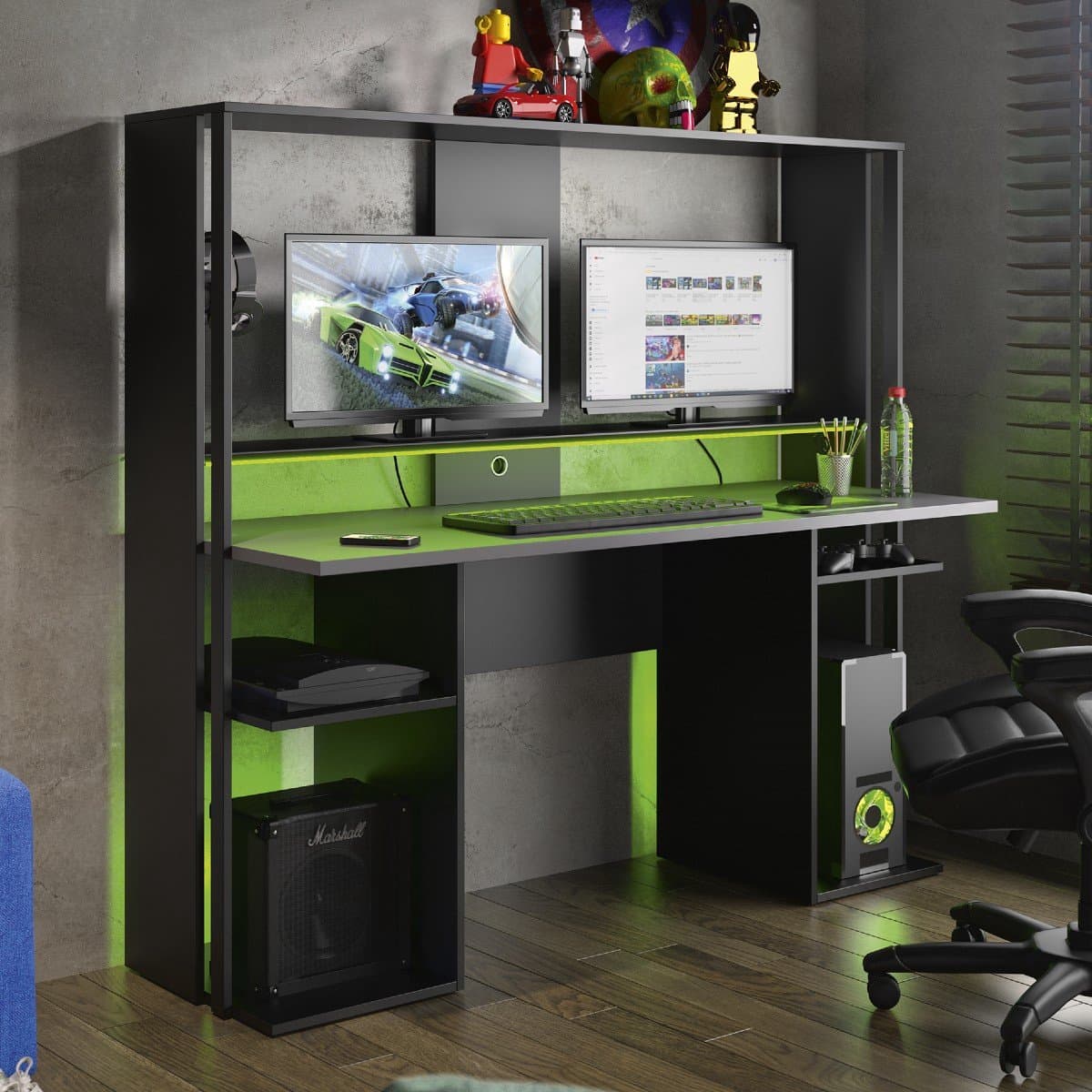 Game bureau STANDA - Met opbergruimte en ledverlichting - Zwart L 156.4 cm x H 145 cm x D 60 cm — afbeelding 1