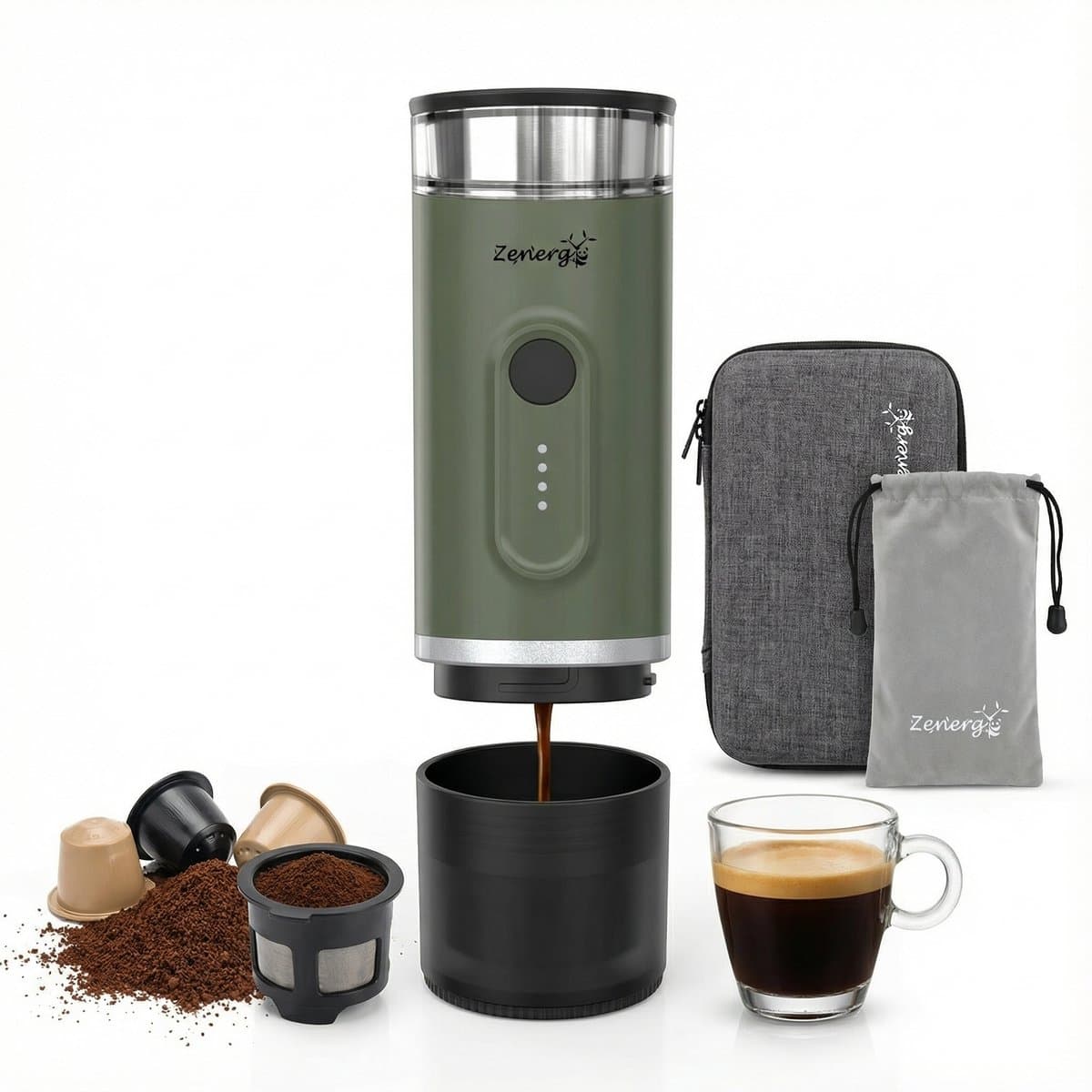 Zenergy - Draagbaar Koffiezetapparaat - Draagbare Koffiemachine - Cups en Gemalen Koffie - Espressomachine — afbeelding 1
