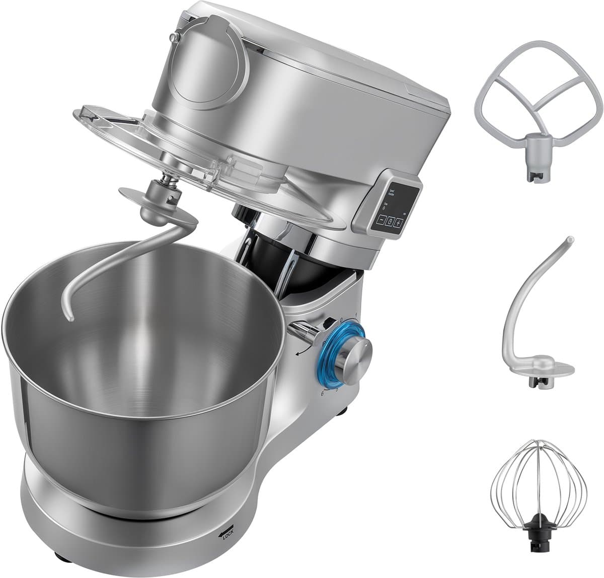Standmixer met Een Capaciteit van 5,7 L, 1500 W Elektrische Keukenmixer, 6+P Snelheden, Kantelbaar Ontwerp, Inclusief 1,5 L Blenderbeker, Roestvrijstalen Kom, Deeghaak, Garde en Klopper voor Bakken en Mixen, Zilver — afbeelding 1