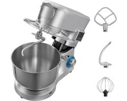 Standmixer met Een Capaciteit van 5,7 L, 1500 W Elektrische Keukenmixer, 6+P Snelheden, Kantelbaar Ontwerp, Inclusief 1,5 L Blenderbeker, Roestvrijstalen Kom, Deeghaak, Garde en Klopper voor Bakken en Mixen, Zilver