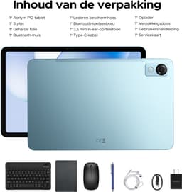 Aorlym P12 - Tablet - 48 GB RAM (8+40 GB) - 128 GB ROM (2TB/TF) - 12 inch 2K 120 Hz IPS - Android 16 - 10000 mAh /18 W - T7280 OctaCore - Dubbele camera - WiFi 5 - Bluetooth - Face ID - Toetsenbord - Stylus meegeleverd - Blauw — thumbnail 6