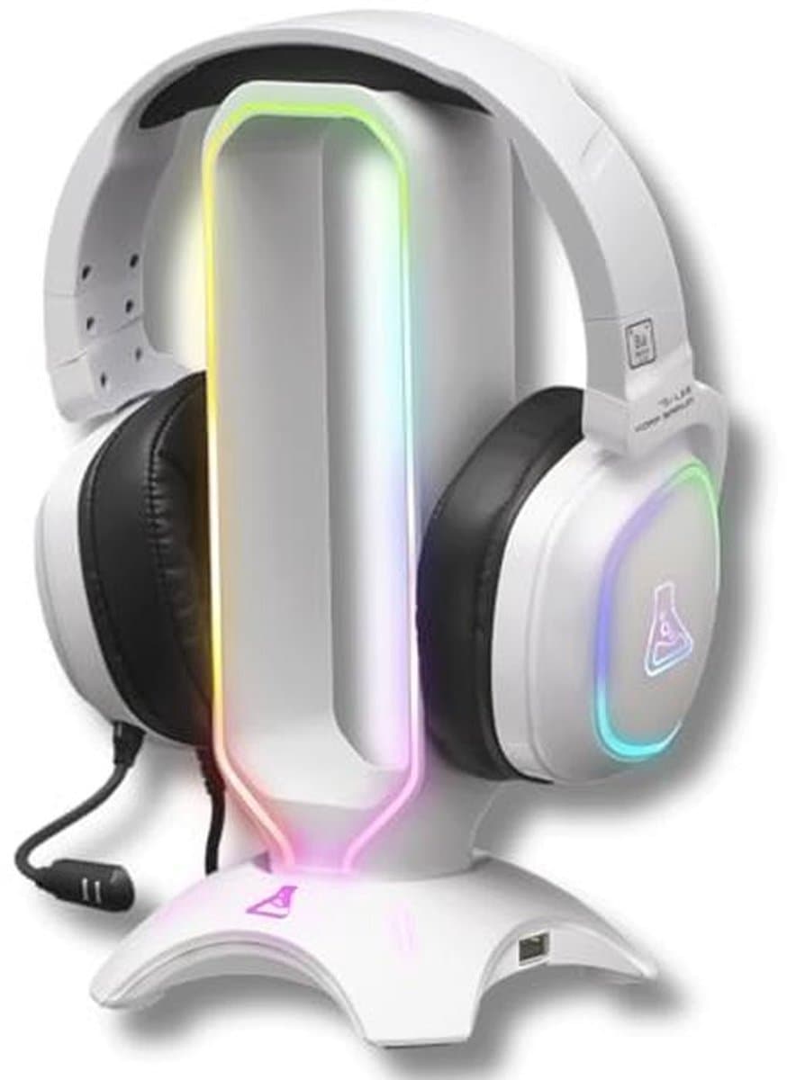 Gaming Headset Stand met RGB Backlight en USB Hub - Universele Hoofdtelefoonhouder voor PC, PS5, Xbox en Switch - Antislip en Ruimtebesparend - Wit 2024 — afbeelding 1