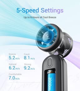Draagbare Handventilator met LED-display, 2000 mAh Accu, 5 Windsterktes voor Reizen en Outdoor Activiteiten — thumbnail 3