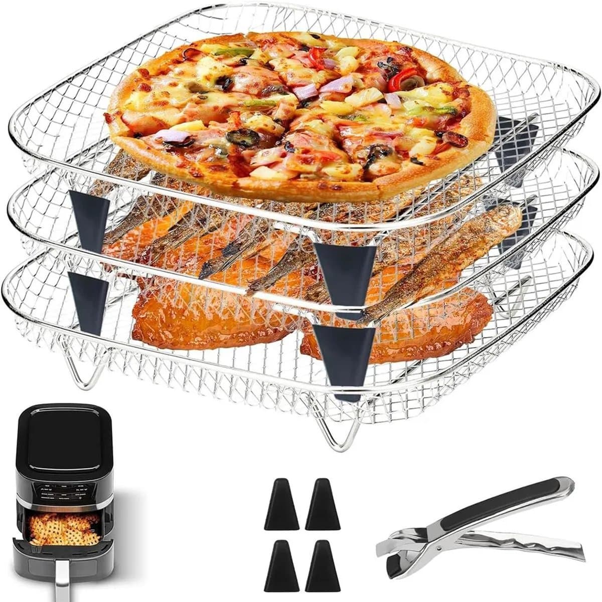 Accessoireset voor airfryer, gemaakt van roestvrij staal – drielaags metalen rooster, geschikt voor airfryers, te gebruiken als uitlek- en grillrooster, voedselveilig en duurzaam. — afbeelding 1