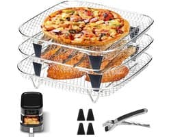 Accessoireset voor airfryer, gemaakt van roestvrij staal – drielaags metalen rooster, geschikt voor airfryers, te gebruiken als uitlek- en grillrooster, voedselveilig en duurzaam.