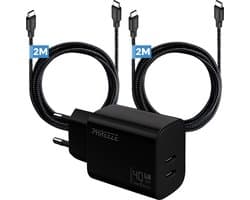 Phreeze usb C oplader 40 W - Dual usb C poorten - Power Delivery GaN charger met 2 usb C naar usb C kabels 2 m - Laptop oplader usb C - Snellader voor telefoon, tablet, laptop, powerbank, speaker en camera - Oplaadset met twee kabels