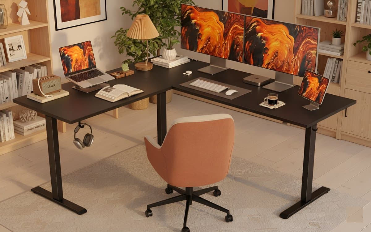 Elektrisch In Hoogte Verstelbaar Hoekbureau L-Vormig 160x140 cm – Ergonomisch Sta-Zit Bureau met Geheugenfunctie, Anti-Botsing & Stil Motor – Groot Computertafel voor Thuiskantoor of Werkplek – Zwart – HomeByNicole — afbeelding 1