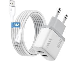 Phreeze 12w usb adapter - Usb naar usb C kabel 3 meter - 5v 2a power adapter met 2 poorten voor usb C smartphone tablet ereader controller - Oplader