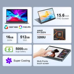 Ninkear 15.6" FHD IPS Touchscreen Laptop – 360° Flip 2-in-1 Convertible – AMD Ryzen 3 3200U – 16GB RAM – 512GB SSD – Windows 11 Pro – Dual-Band WiFi – Zilver — thumbnail 4