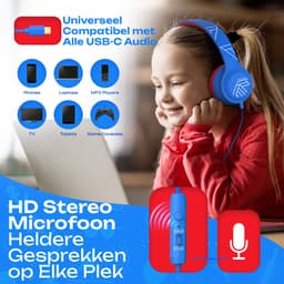 PowerLocus PLED Wired Kinder Koptelefoon met Draad USB-C - Koptelefoon voor kinderen - Veilig volume van 85dB en 94dB - Hoofdtelefoon - Met microfoon - Sharing Audio Functie - USB-C Blauw/Rood — thumbnail 6