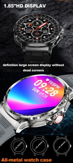 Knobbout 1.85” HD Sport Smartwatch – 710mAh Extra Grote Batterij – Bluetooth Bellen – RVS Bezel – Hartslagmeting/Bloeddrukmeting/Slaapmonitoring/Calorieverbruik – Android & iOS – Blauw Grijs Siliconen Band — thumbnail 5