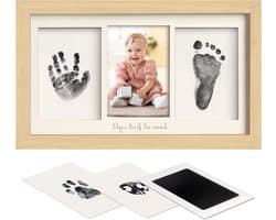 Cosensi - Baby handafdruk en voetafdrukset voor pasgeborenen - Fotolijst voor handafdruk baby - Clean Touch stempelkussen - Ash Wood Fabre - Unieke herinnering aan baby's hand- en voetafdrukken