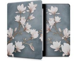 kwmobile e-reader hoesje geschikt voor Kobo Aura ONE hoes - E reader flip case met magnetische sluiting - Ereader cover - Magnolia design in taupe / wit / blauwgrijs