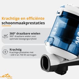 ETA Ambito Stofzuiger zonder Zak met ECO-motor en Opzetstukken – HEPA 12 Filter – Actieradius 8 Meter – 360° Draaibaar – 1,5 Liter – Wit — thumbnail 2