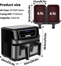 Digitale Airfryer - PFAS vrij - Groot 9 Liter - Heteluchtfriteuse - Inclusief in hoogte verstelbaar Grillrack - 2 onafhankelijke 4,5L lades - met LED-touchscreen - Zwart - Digital screen - 8 Voorinstellingen — thumbnail 3