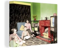 Canvas schilderij 160x120 cm - Wanddecoratie Familie kijkt televisie - Muurdecoratie woonkamer - Slaapkamer decoratie - Kamer accessoires - Schilderijen