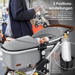KESSER® Kinderwagen 3 in 1 Loops Wandelwagen Set incl. Autostoel & Reiswieg & Buggy Sportzitje - Massieve Rubberbanden - Luiertas / Regenhoes - Grijs / Zilver — thumbnail 5