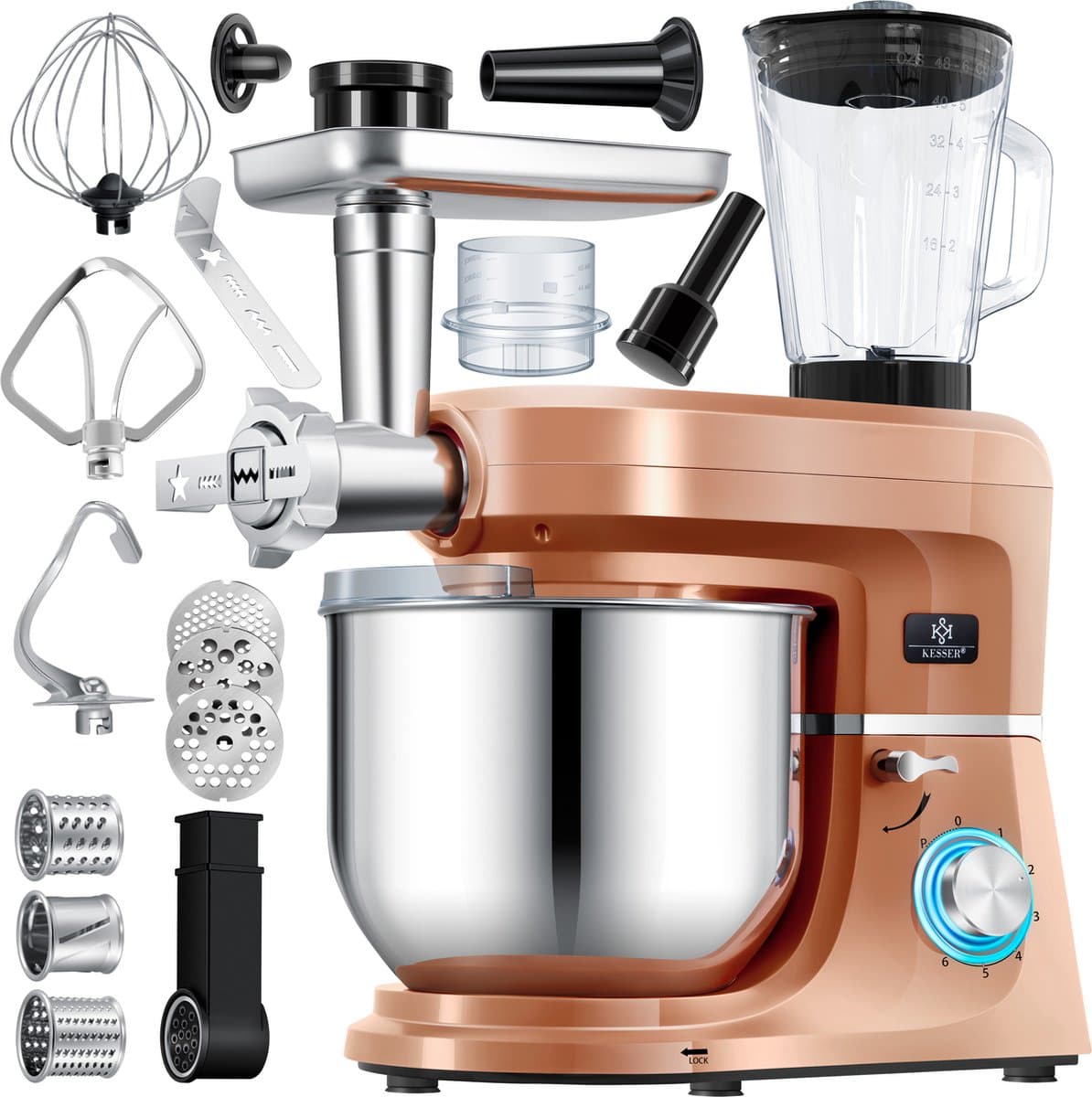 KESSER® 3 in 1 Keukenmachine Foodprocessor - Keukenmixer - Keukenrobotor K-KM 3000 met Kneder Multifunctionele Mixer 5,5 L Kom met 3 Menggereedschappen 1,5 L Sapcentrifuge Worstset Pasta & Koekjesvormen - Koper — afbeelding 1