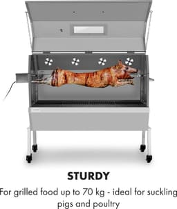 Klarstein Houtskoolgrill 2-in-1 draaispitgrill met motor, Grill met draaiend spit, Grote spitgrill voor speenvarken, Grill met kijkvenster, Spitgrill met roestvrijstalen rooster, Grote met vloerrollen - 57 cm - voor Tuin - Thermometer - RVS — thumbnail 5