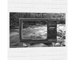 Muursticker - Oude Vintage Televisie met Doorkijk op Rivier (Zwart-wit) - 90x60 cm Foto op Muursticker