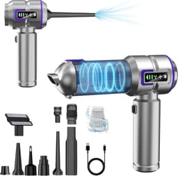 Wishdor Handstofzuiger auto 16000Pa - Draadloze kruimeldief met blaas- en zuigfunctie - Met 9 opzetstukken en LED display - Voor auto en thuis - Zilver paars - 21,4 x 4,8 x 20 cm — thumbnail 3