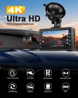 Dashcam voor auto - Zwart - Dual 4K + 1080p Camera - WiFi met Nachtzicht en Parkeerbewaking - Voor Auto — thumbnail 2