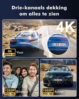 Dashcam Auto 3 Kanaals - Autocamera Video Recorder - Veiligheid Onderweg - 4K UHD Voorkant Achter - 64GB Kaart - Zwart — thumbnail 4