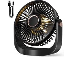 Solvix tafel ventilator geluidloos - Tafelfan met Nachtlamp - Zwart - Oplaadbare USB Fan - 5 Snelheden - Voor Thuis, Kantoor en Reis