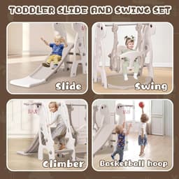 indoor babyglijbaan klim vrijstaande speelset met basketbalring & in hoogte verstelbare schommel (grijs) — thumbnail 3