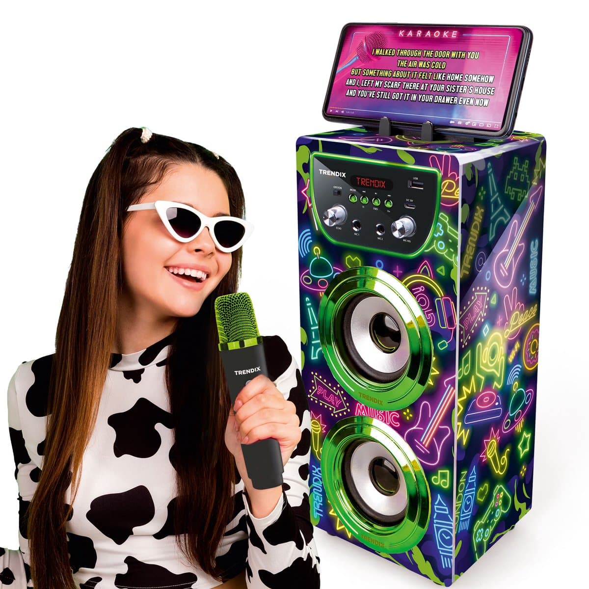 Trendix - Neon World Karaoke Speaker - Karaoke Set met 2 Draadloze Microfoons & LED Discobal — afbeelding 1