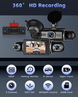 SnelShoppen - 5-Kanaals Dashcam 1080P - Voor- en Achterinterieur Camera - 360° Autocamera met 64GB Kaart, Wi-Fi, Loop-opname, G-sensor, Nachtzicht — thumbnail 5