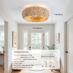 Inbouwventilator met lamp 19 inch - Dubbele bediening via app en afstandsbediening - Zes ventilatorsnelheden - ABS-bladen met rotan-design - Geschikt voor kleine slaapkamers - Minimalistische rustieke stijl — thumbnail 3