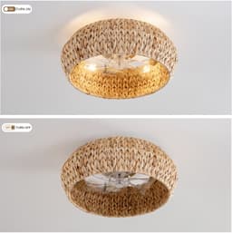 Inbouwventilator met lamp 19 inch - Dubbele bediening via app en afstandsbediening - Zes ventilatorsnelheden - ABS-bladen met rotan-design - Geschikt voor kleine slaapkamers - Minimalistische rustieke stijl — thumbnail 4