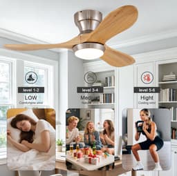Plafondventilator Met Verlichting – 36 Inch 90 Cm – 3 Bladen – Hout En Metaal – Satijnnikkel Natuurlijk Hout – Afstandsbediening 6 Snelheden — thumbnail 3