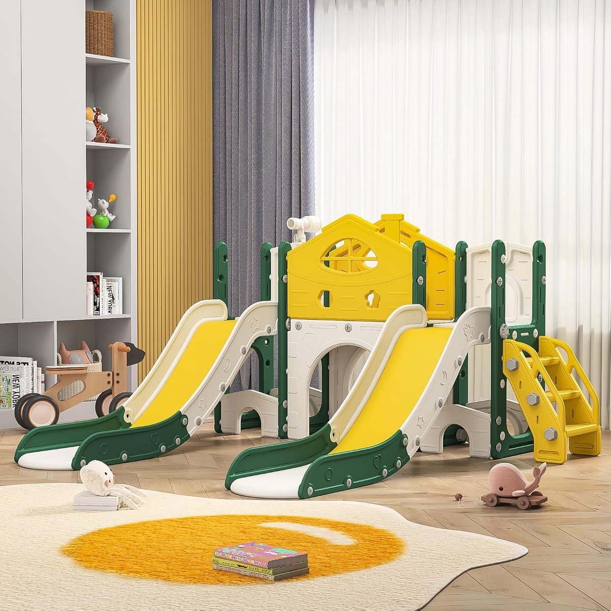 Glijbaan voor kleine kinderen, speelplaats met 2 glijbaan, telescoop, tunnel, trap, glijbaan, speelset voor kinderkamer, speelplaats, cadeau — afbeelding 1