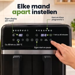 Cheqo® Dubbele Airfryer met Twee Gelijke Manden - Heteluchtfriteuse XXL Zwart - Dual Zone met Twee Kookvakken - Hetelucht Friteuse met Touchscreen - Digitale Airfryer voor Gezin - Frituurpan zonder Olie - Snackpan met Grillplaat - Airfryer Oven — thumbnail 3