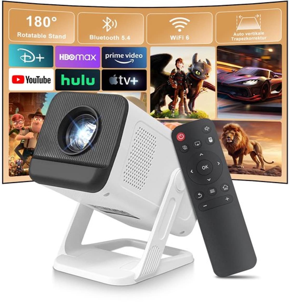 Beamer Mini Projector - 1280 x 720 HD Resolutie - 4K Signaalverwerking - Wifi 6 Bluetooth 5.4 - Draagbaar Tafelbladmontage — afbeelding 1