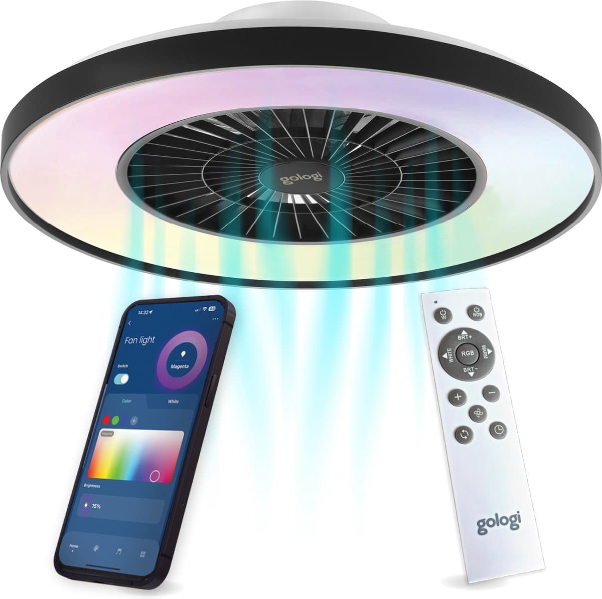 Gologi Plafondventilator met Verlichting - Ø60 cm - LED RGBW - 6 Standen - Plafondlamp Slaapkamer - Plafonniere met Ventilator - Met lamp, afstandbediening en App - Zwart — afbeelding 1