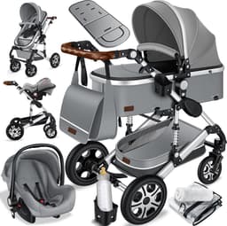 KESSER® Kinderwagen 3 in 1 Loops Wandelwagen Set incl. Autostoel & Reiswieg & Buggy Sportzitje - Massieve Rubberbanden - Luiertas / Regenhoes - Grijs / Zilver — thumbnail 3