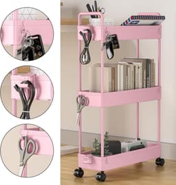 3-Tier Slide-out Slim Rolling Utility Cart Organizer voor Keuken en Badkamer - Roze Wasmachine rek — thumbnail 5
