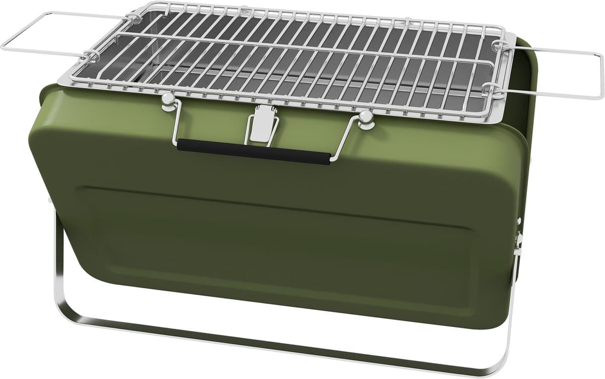 Kofferbarbecue, mini-houtskoolbarbecue, opvouwbaar, met houtskoolbak en asopvangbak, metalen behuizing, groen — afbeelding 1