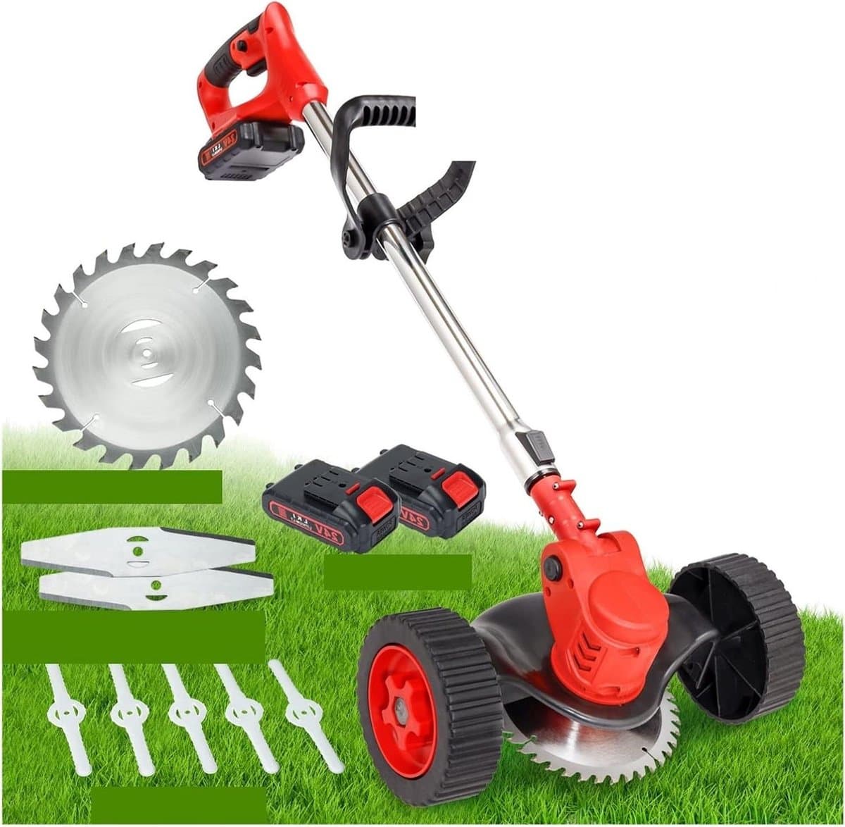 Grasmaaier, 24V Elektrische Grastrimmer Draadloze Grasmaaier Dubbele Wiel Lengte Verstelbare Tuin Snoeischaar Tool Met 2 Batterij — afbeelding 1