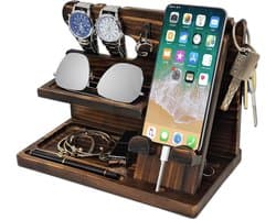 Houten Docking Station - Nachtkast Organizer - Dagelijkse Spullen Opbergen - Multifunctioneel Ontwerp - 25x14x17.5cm - Bruin
