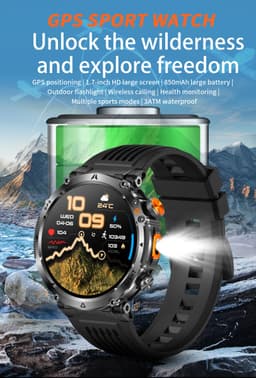 Knobbout GPS Smartwatch 1.7" (4,3 cm) met LED Zaklamp – 850mAh Batterij | IP68 Waterdicht | Kompas, Hoogtemeter & Barometer | Outdoor Sport Horloge met Bluetooth Bellen - Zwart — thumbnail 5